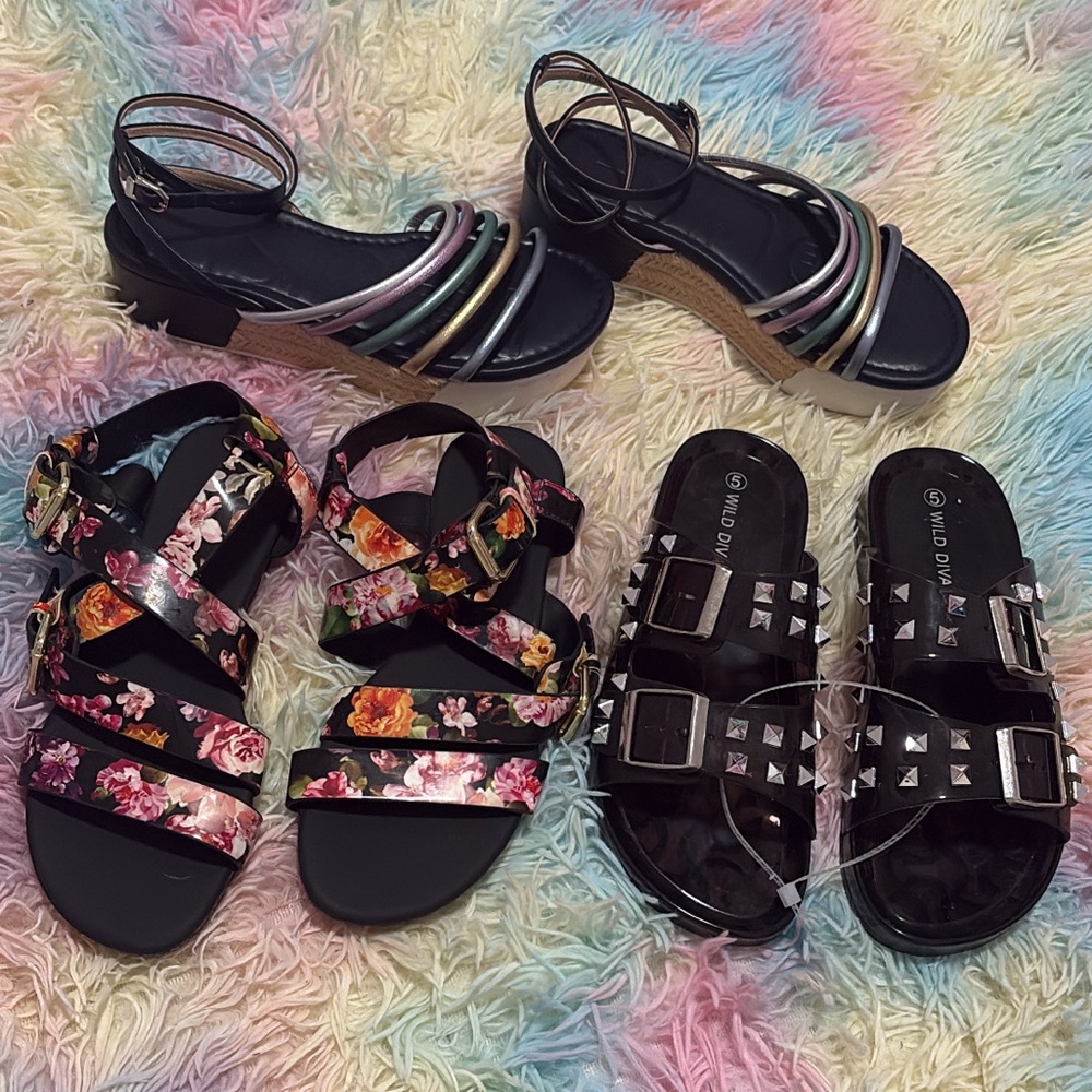 Bundle of 3 pairs of Floral, Metallic and Studded Sandals/Platforms. Size 5.